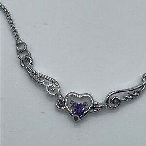 Dainty Silver Tone Heart Necklace with Purple Gemstone